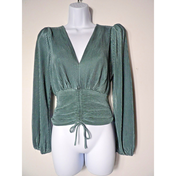 ASTR The Label Blouse XS Smocked Crop Career Accordian Pleated Green Slate V - Picture 2 of 11